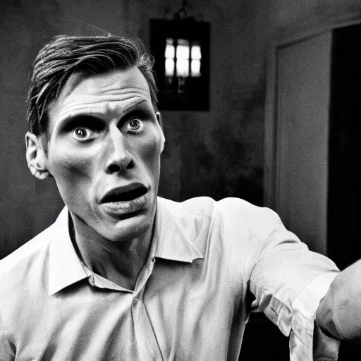 Image similar to Live Action Still of Jerma in Psycho (film), real life, hyperrealistic, ultra realistic, realistic, highly detailed, epic, HD quality, 8k resolution, body and headshot, film still