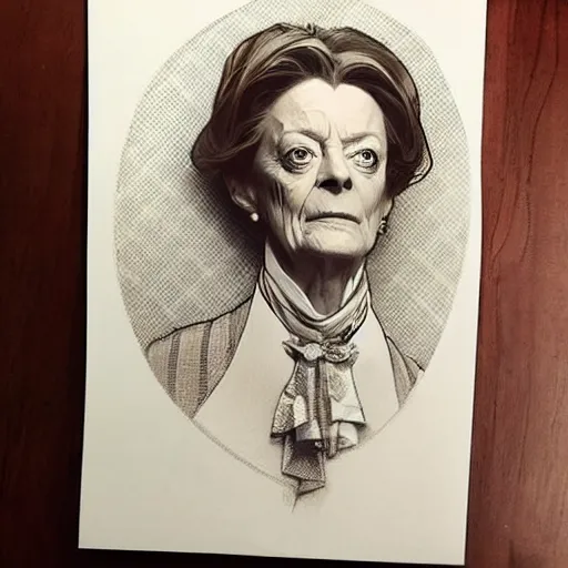 Image similar to amazing lifelike award winning pencil illustration of Maggie smith as professor Minerva mcgonagall trending on art station artgerm Greg rutkowski alphonse mucha cinematic