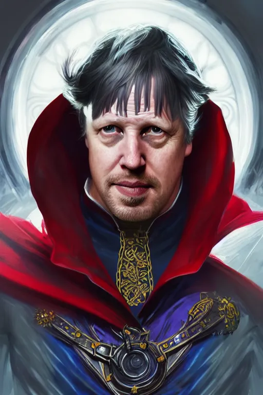 Prompt: Boris Johnson as Doctor Strange, armor plate, realistic portrait, symmetrical, highly detailed, digital painting, artstation, concept art, smooth, sharp focus, illustration, cinematic lighting, art by artgerm and greg rutkowski and alphonse mucha