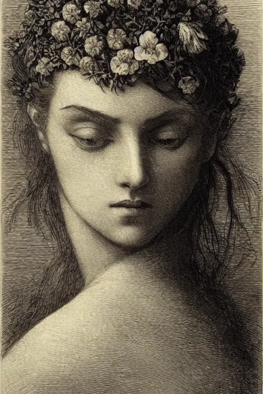 Image similar to extreme close-up portrait of a beautiful french woman from behind with flower in the head, forest background, Gustave Dore lithography