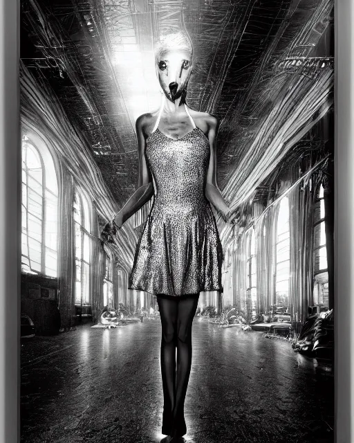 Image similar to a highly detailed unreal engine symmetric portrait of a long legged freaky goddess in a latex dress in an endless galaxy, boke, tilted frame, henry cartier bresson