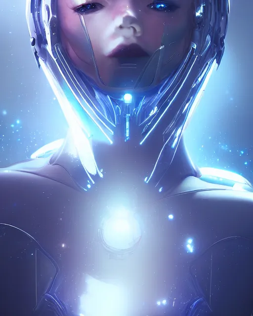 Image similar to perfect android girl on a mothership, warframe armor, beautiful face, scifi, futuristic, galaxy, nebula, raytracing, dreamy, long white hair, blue cyborg eyes, sharp focus, cinematic lighting, highly detailed, artstation, divine, by gauthier leblanc, kazuya takahashi, huifeng huang