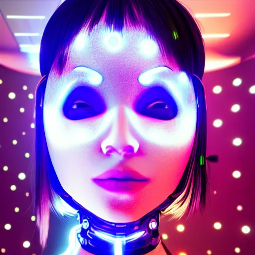 Image similar to beautiful japanese cyborg with digital led skin, neon lighting, techno neon projector background, portrait photo, unreal engine 5, depth of field, bokeh