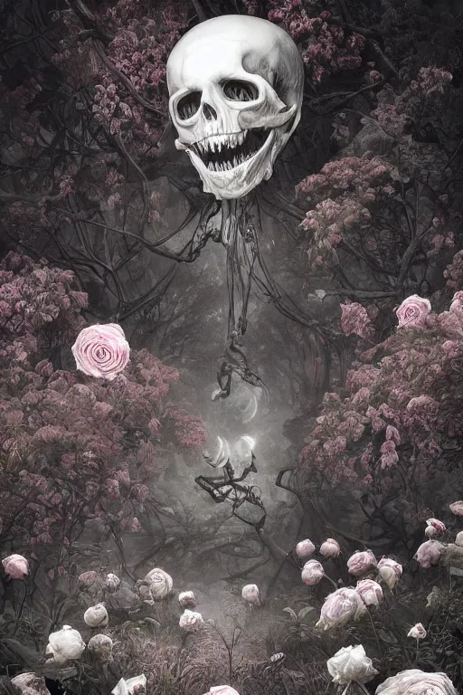 Prompt: Surreal Shinigami of Death Floating in the air, in the middle of a garden of white roses and Dhalias, photo realistic, insanely detailed, mist, trending on artstation, golden ratio, ultra super good realistic 3D render by Gerald Brom