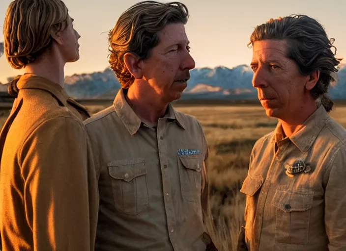 Image similar to first official image from wes anderson's new sci - fi film set in challis!, idaho, sundance official selection, starring ben mendelsohn. shot on alexa mini, stunning cinematography, golden hour, filmgrain, kodak vision 2 0 0 t, shot composition