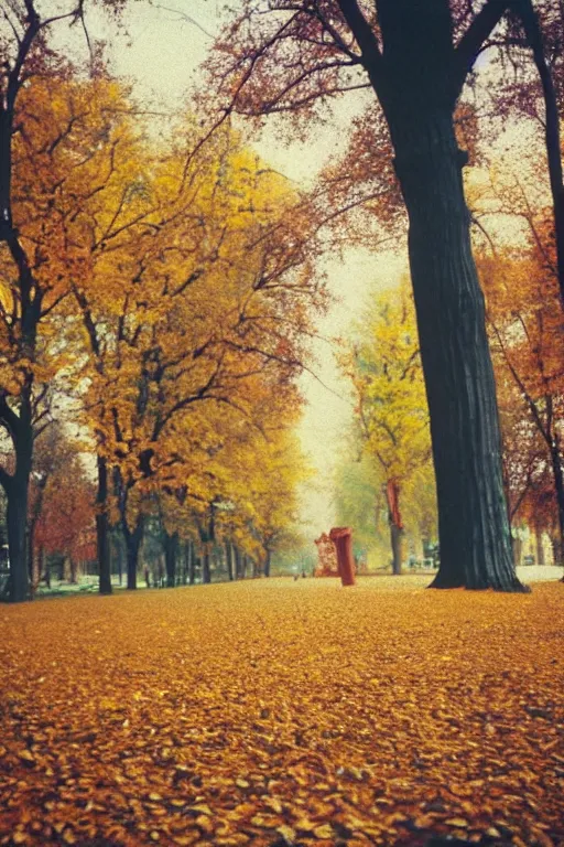 Image similar to a lomographic photo of moscow, autumn, cinestill, bokeh