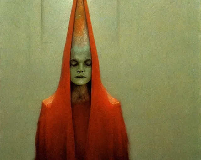 Image similar to by francis bacon, beksinski, mystical redscale photography evocative. devotion to the scarlet woman in her cathedral, priestess in a conical hat, coronation, ritual, sacrament, lamprey