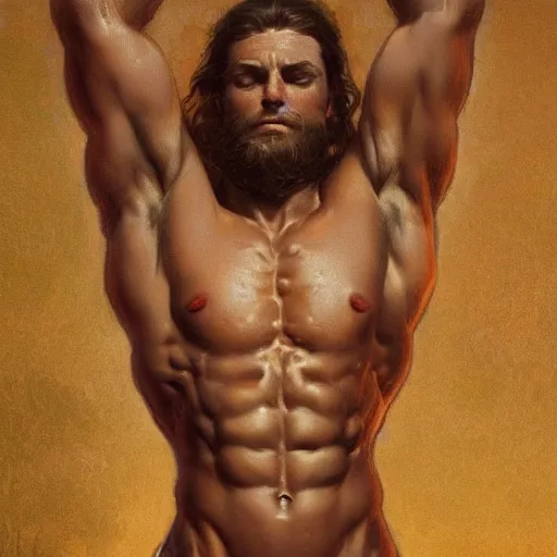 Image similar to a heavenly god, gorgeous, amazing, muscular, hairy torso, intricate, highly detailed, digital painting, artstation, concept art, sharp focus, illustration, art by greg rutkowski and alphonse mucha