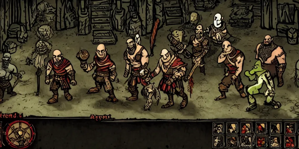 Prompt: shrek, donkey, aynami rei and kratos as characters in darkest dungeon, screenshot from the game, highly detailed, dark atmosphere