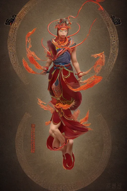 Prompt: nezha flies around swiftly on his wind flame circles, chinese mythology, top view, cinematic, fantasy character portrait, highly detailed, by new gods : nezha reborn, nezha : birth of the demon child,