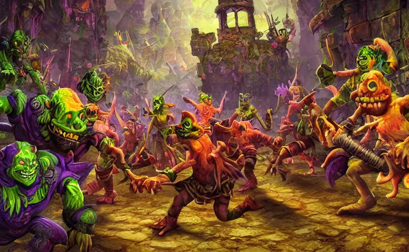Prompt: goblins dancing in a colorful dungeon, high detail, cover art, epic composition, no text, 4K Ultra HD