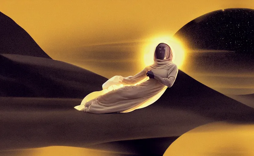Prompt: levitating bene gesserit with white flowers and golden mask inside a thick black smoke in rocky desert landscape, solar eclipse in the sky, dry earth by gaspar noe and christopher doyle, anamorphic lens, anamorphic lens flares, kodakchrome, cinematic composition, practical effects, award winning photo, 8 k