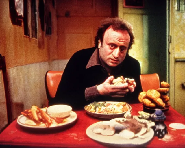 Image similar to 1 9 7 9 a soviet movie still a joseph brodsky sitting at a table with a plate of food in dark warm light, a character portrait by nadya rusheva, perfect symmetric coherent face, featured on cg society, neo - fauvism, movie still, 8 k, fauvism, cinestill, bokeh, gelios lens