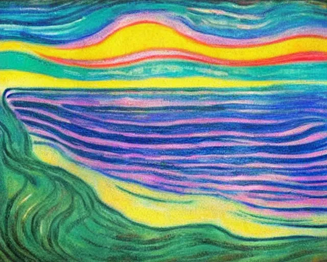 Image similar to Ocean waves in a psychedelic dream world. DMT. Landscape painting by Edvard Munch.