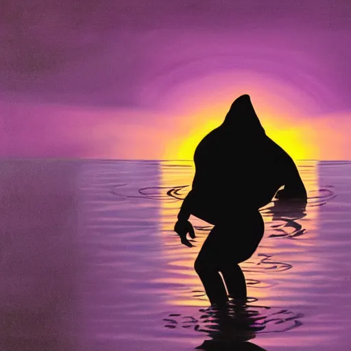 Prompt: purple sunset limbo with a real black silhouette of a demonic walking on water, the sky falls to the ground, high detail