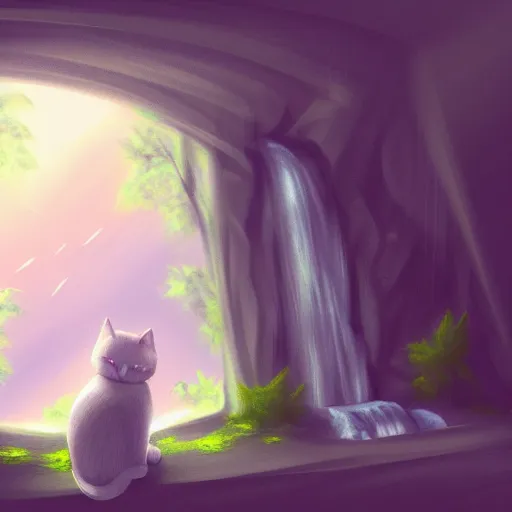 Image similar to a beautiful landscape including a waterfall and a forest through a window, cat sitting on the edge of the window, illustration, digital art, trending on artstation