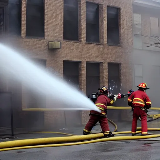 Image similar to Firefighters shooting firehose shaped flamethrower on to a building