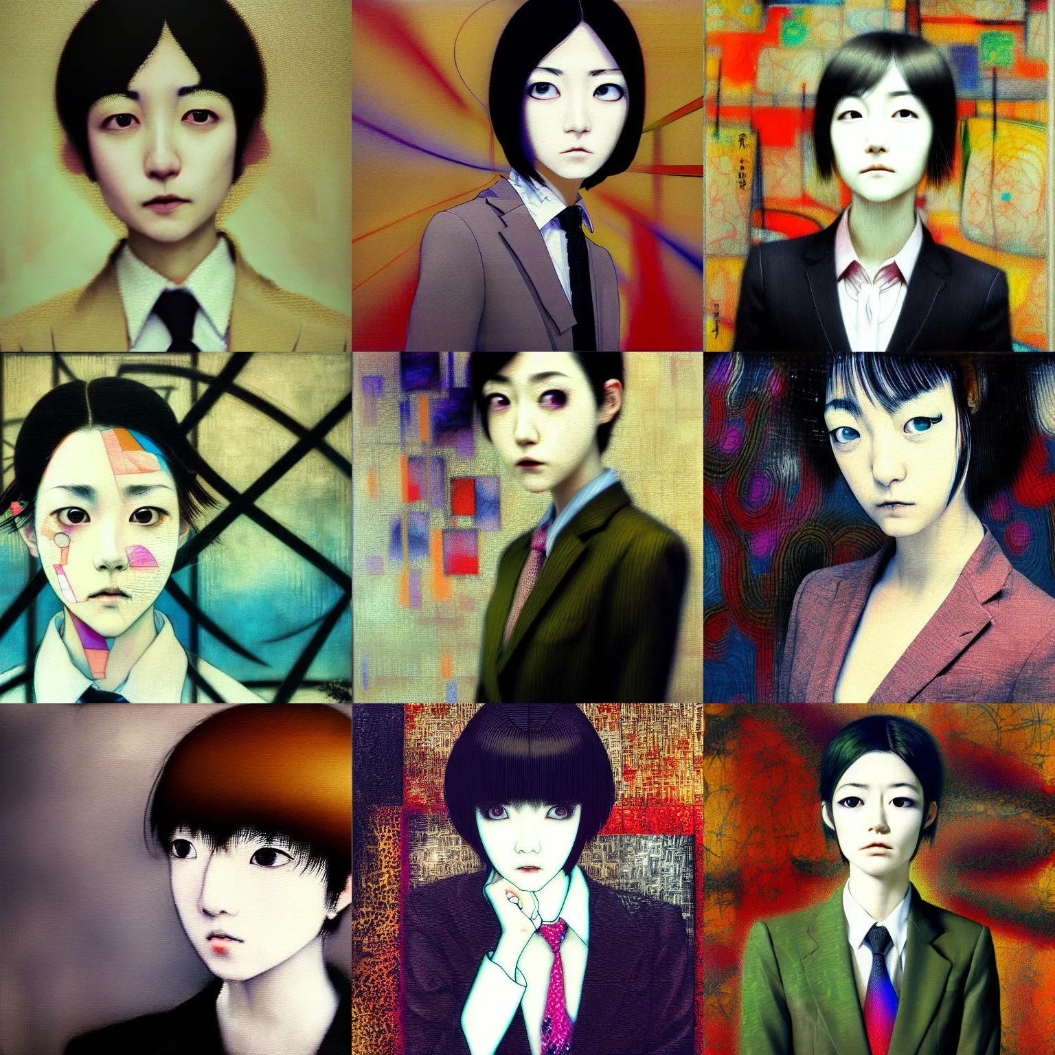 Image similar to yoshitaka amano blurred and dreamy realistic three quarter angle portrait of a young woman with short hair and black eyes wearing office suit with tie, junji ito abstract patterns in the background, satoshi kon anime, noisy film grain effect, highly detailed, renaissance oil painting, weird portrait angle, blurred lost edges