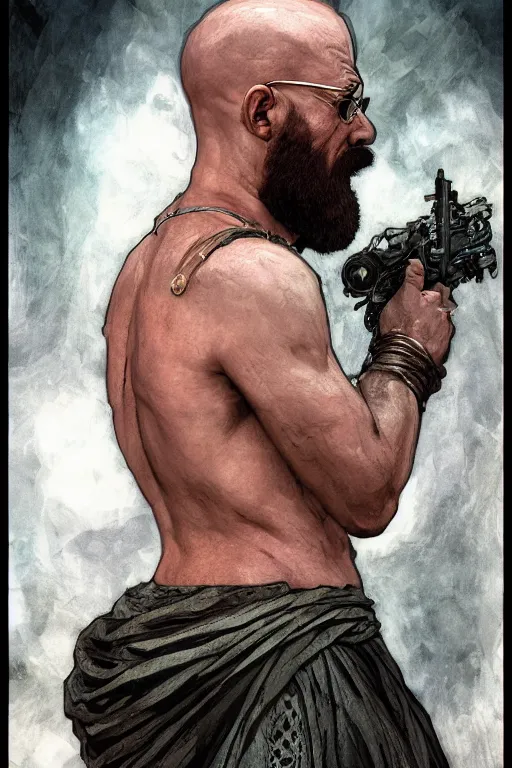 Image similar to Heisenberg as Kratos, highly detailed, digital painting, artstation, concept art, smooth, sharp focus, illustration, ArtStation, art by artgerm and greg rutkowski and alphonse mucha and J. C. Leyendecker and Edmund Blair Leighton and Katsuhiro Otomo and Geof Darrow and Phil hale and Ashley wood and Ilya repin and Charlie Bowater