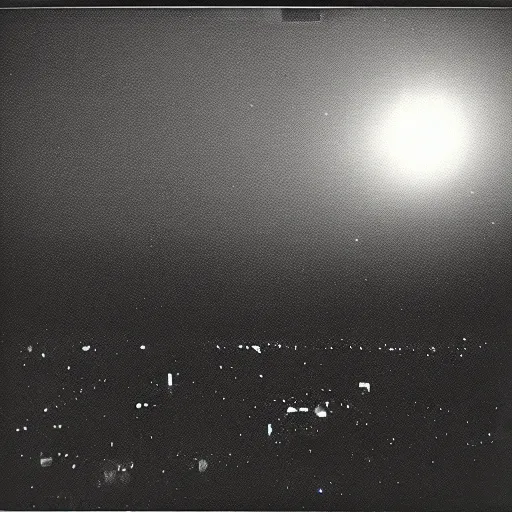 Prompt: Blue light in the sky, flying over rural Vietnam, UFO, orb, blue orb, night, 1969, Polaroid