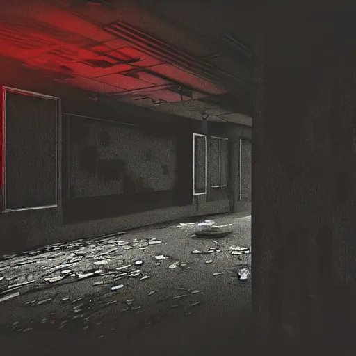 Image similar to cctv of an extremely dark empty abandoned building with glowing humanoid cryptid made out of television static, dark deep black shadows, red and black color contrast in the style of trevor henderson, liminal space, 3 d octane render, glitch effect