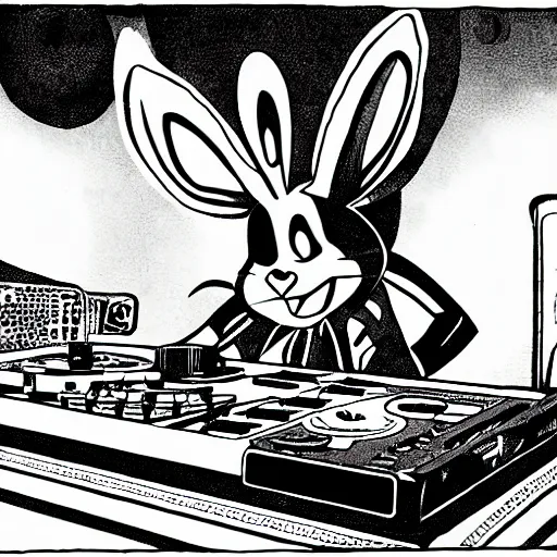 Prompt: cartoon of trix rabbit as a DJ at a rave