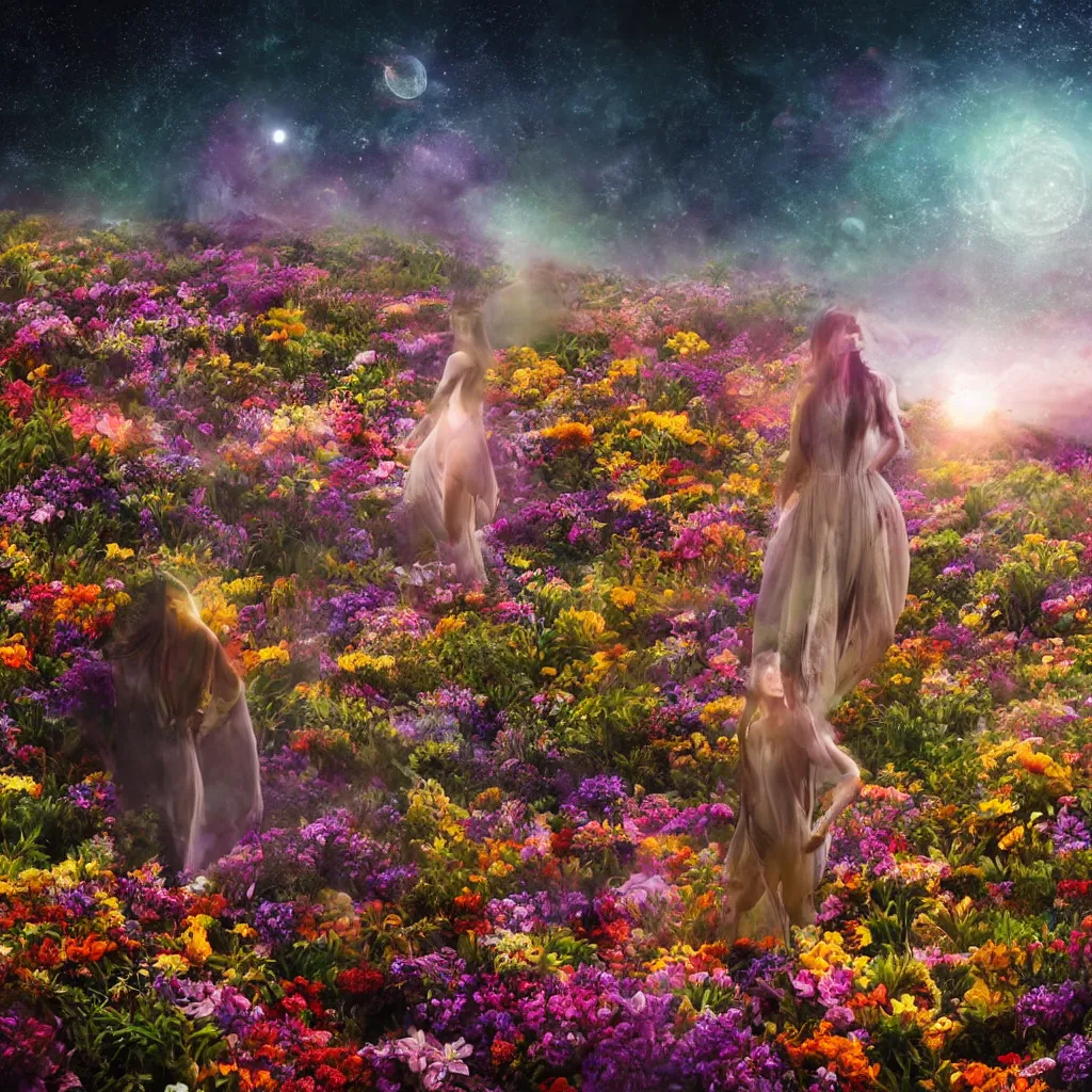 Image similar to a planet of various flowers, fungus and plants, in which the human figure is dressed in something magical and impressive, inside the picture is infinity, sunset light, Atmospheric phenomenon, artistic photography, muted colors, conceptual, long exposure outside the city