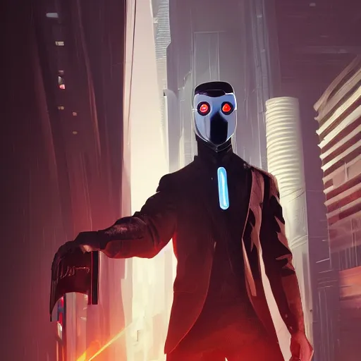 Image similar to spy with mask with a symbol for a society secret, dynamic pose, cinematic shot, cyberpunk, sect, luxury, concept art by jama jurabaev, extremely detailed, brush hard, artstation, jama jurabaev, sparths, andree wallin, edvige faini, balaskas