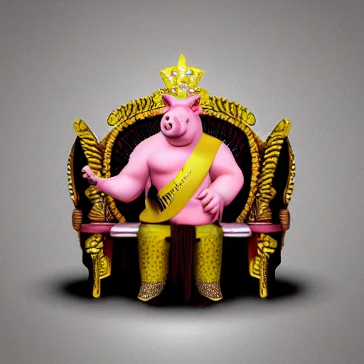 Image similar to isolated photo realistic of pig king on throne, realistic, award winning, cinematic