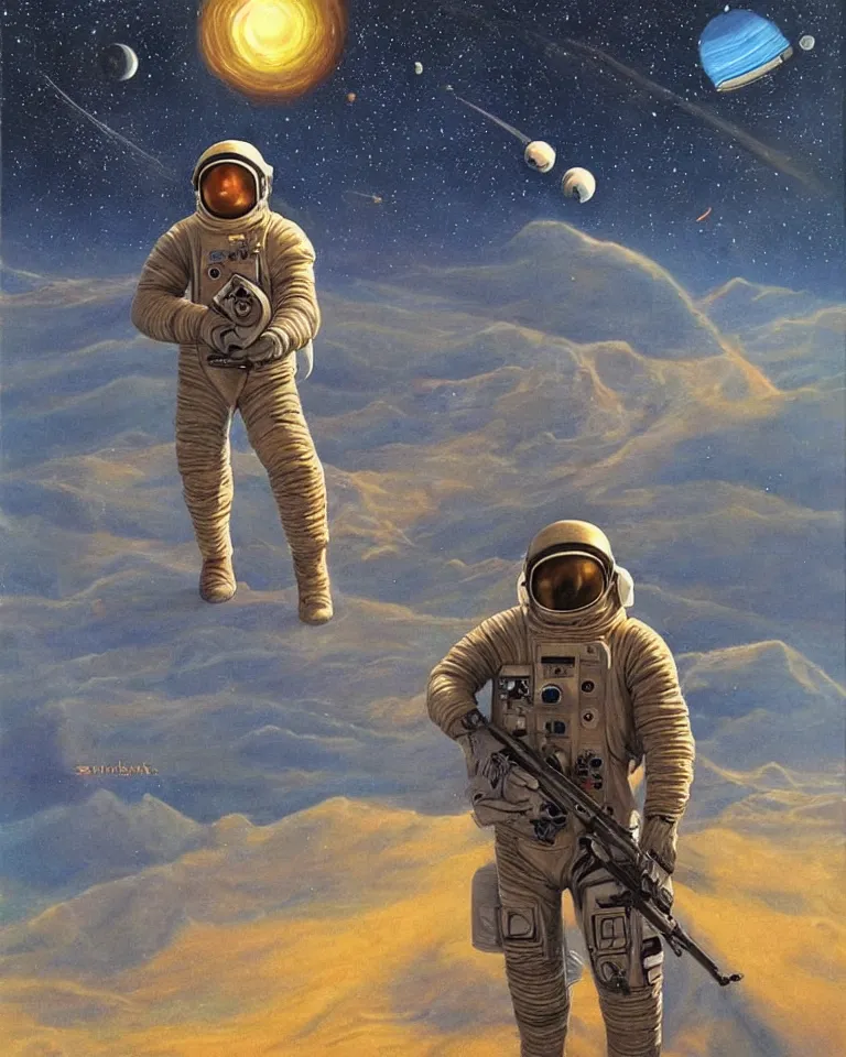 Prompt: a painting of a spaceman holding a rifle, concept art by barclay shaw, featured on deviantart, space art, concept art, sci - fi, cosmic horror