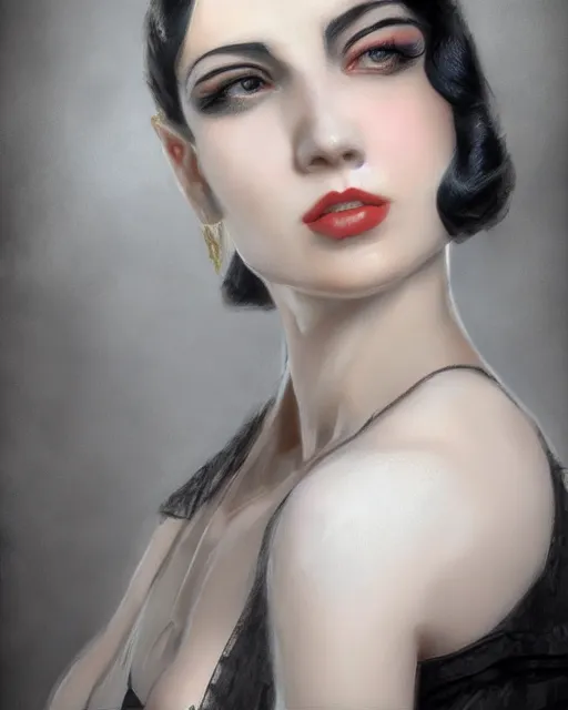 Image similar to artgerm and wlop realist close portrait digital painting of a 1 9 2 0 s beautiful woman at a party in a mansion, strong contrast, unreal engine, hyper realism, realistic shading, cinematic composition, realistic render, octane render, detailed textures, photorealistic, ultrawide shot, 3 5 mm film