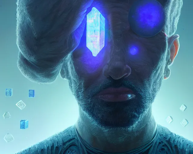 Prompt: portrait of wizard with ion stone cubes orbiting head, intricate abstract. intricate artwork, by tooth wu, wlop, beeple, dan mumford. concept art, octane render, trending on artstation, greg rutkowski very coherent symmetrical artwork. cinematic, key art, hyper realism, high detail, octane render, 8 k, iridescent accents