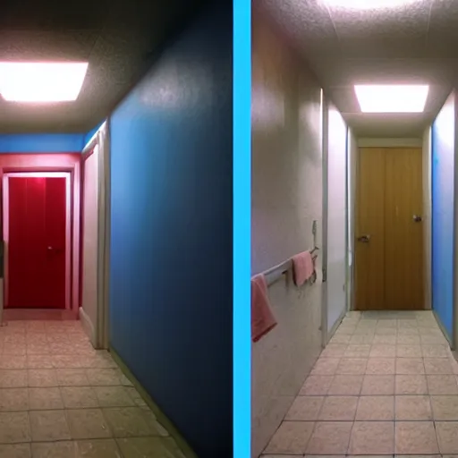 Prompt: two doors, one leads to a bathroom soaked in blue light, the other leads to a scary red hallway, vhs footage