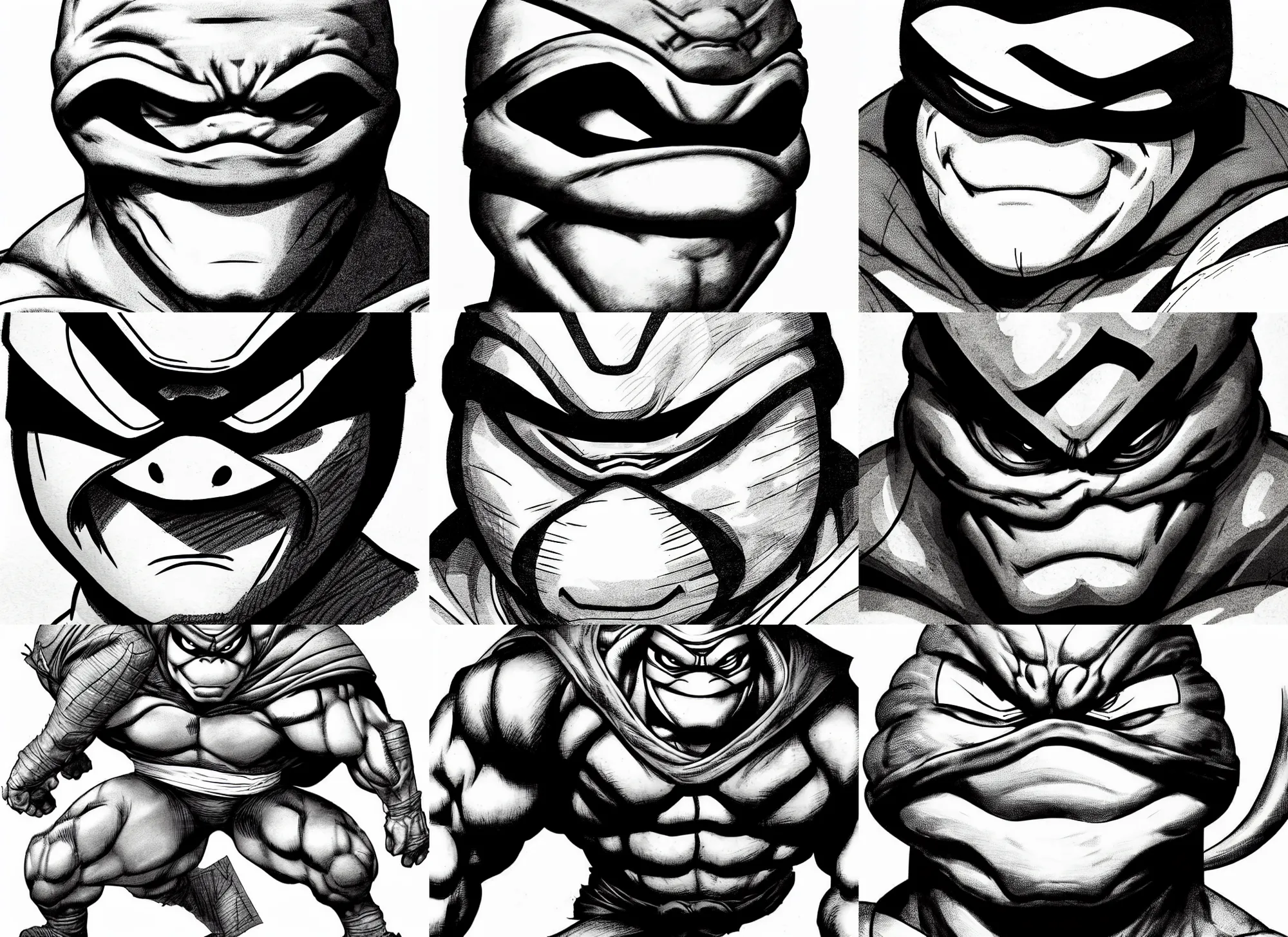 Prompt: anthropomorphic ninja turtle!!! jim lee!!! face macro shot!!! flat! ink sketch grayscale by jim lee close up in the style of jim lee, ninja! battle rugged hulk turtle animal superhero big cheeks by jim lee