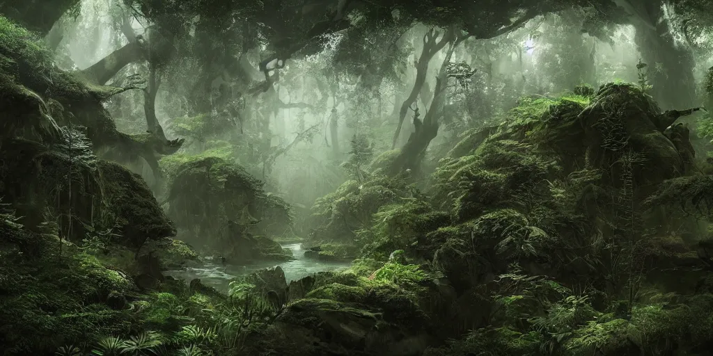 Prompt: Intricate detailed illustration, An Oriental Rainforest, cinematic lighting, by Philip Hood, wide angle, volumetric light scattering, 8k, artstation, concept art,