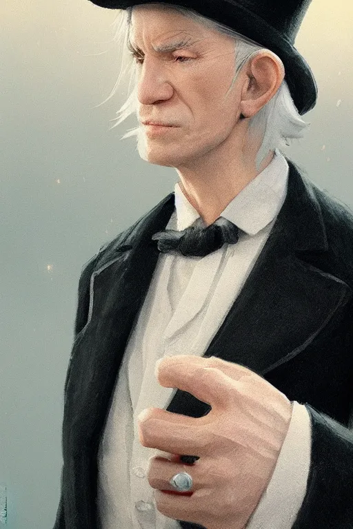 Image similar to A white hair old halfling without a beard wearing a top hat and suit by Greg Rutkowski, Sung Choi, Mitchell Mohrhauser, Maciej Kuciara, Johnson Ting, Maxim Verehin, Peter Konig, 8k photorealistic, cinematic lighting, HD, high details, dramatic, trending on artstation