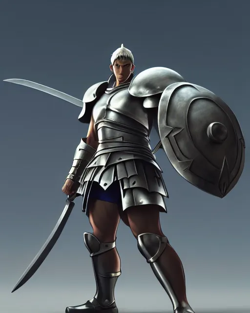 Image similar to strong muscular warrior with a greatsword and fully clad in plate armor, dramatic action pose, square masculine jaw, short messy hair, 3 d octane render, unreal engine 5, ultra high detail, cel shaded, trending on pixiv fanbox, by greg rutkowski makoto shinkai takashi takeuchi studio ghibli, akihiko yoshida