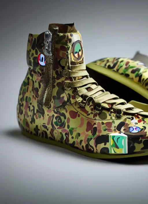 Image similar to hyperrealistic and heavy detailed product photo bape avant garde shoe of movie the fifth element, in front of white back drop, whole shoe is in picture, leica sl 2 5 0 mm, vivid color, high quality, high textured, real life