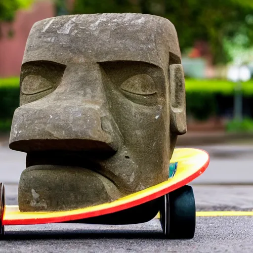 Image similar to moai statue doing a kickflip on a skateboard