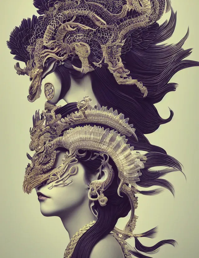 Image similar to 3 d goddess close - up profile portrait with crown, ram skull. beautiful intricately detailed japanese crow kitsune mask and clasical japanese kimono. betta fish, jellyfish phoenix, bio luminescent, plasma, ice, water, wind, creature, artwork by tooth wu and wlop and beeple and greg rutkowski