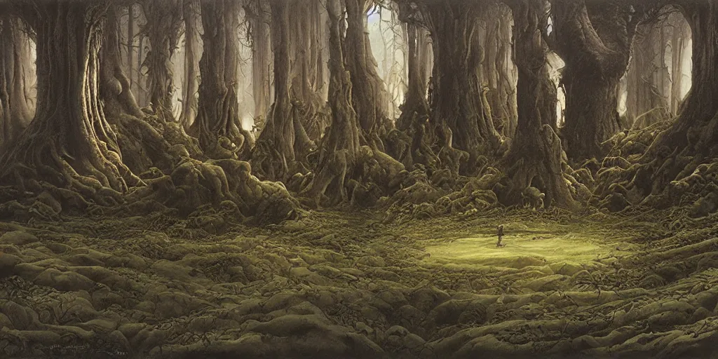 Image similar to Artwork by John Howe of the cinematic view of the Woodland of the Dark Lord.