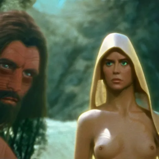 Prompt: a film still of adam andeve ( from the bible ) in star wars 1 9 7 7, realistic, photorealistic, detailed,