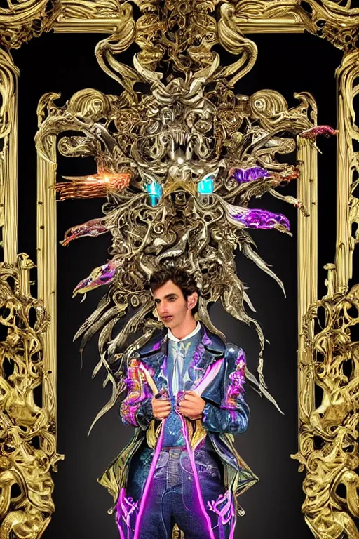 Image similar to full-body bladerunner neon baroque style sculpture of a young handsome Spanish prince as a half cibernetic android with a chest opening exposing circuitry and electric sparks, glowing laser beam eyes, crown of giant diamonds, flowing neon-colored silk, fabric, raptors. baroque elements. full-length view. baroque element. intricate artwork by caravaggio. many many birds birds on background. Trending on artstation, octane render, cinematic lighting from the right, hyper realism, octane render, 8k, depth of field, 3D