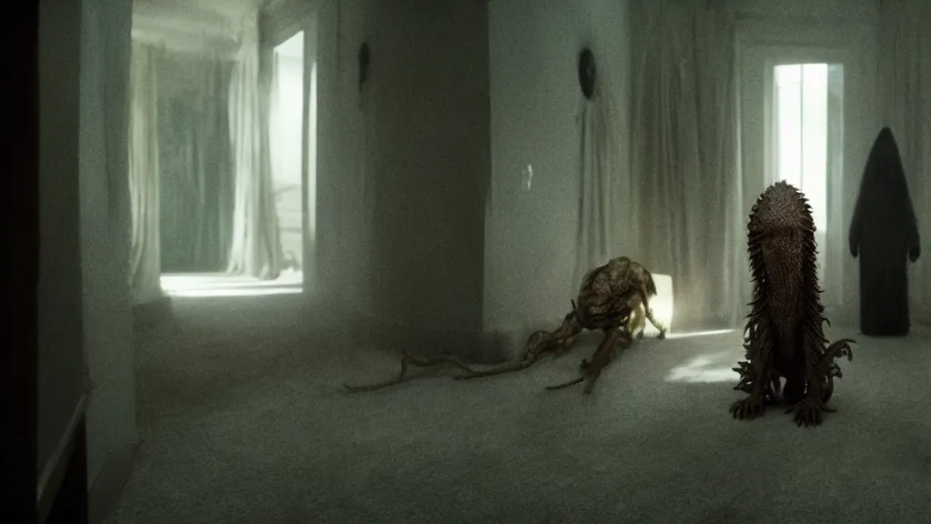 Image similar to the creature on the house in the house, film still from the movie directed by denis villeneuve and david cronenberg, with art direction by salvador dali, wide lens