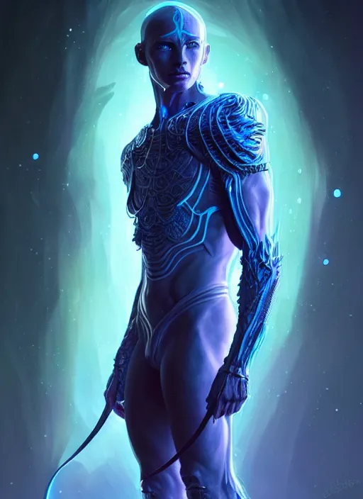 Image similar to a faceless masculine humanoid adventurer made of liquefied stardust, dnd fantasy character, full body portrait, glowing neon skin, magical aura, ultra realistic, intricate, elegant, highly detailed, digital painting, artstation, smooth, sharp, focus, illustration, art by artgerm and greg rutkowski and alphonse mucha