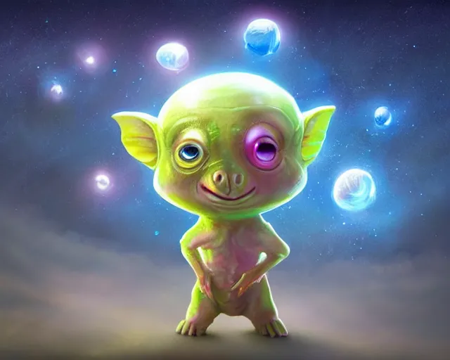 Image similar to 3D Fantasy Cute and adorable small alien piggy in space, huge adorable eyes, bright stars, Smooth 3D Illustration, soft render, Servando Lupini, Daniil Kudriavtsev, handpaint texture, Blender, 3DCoat