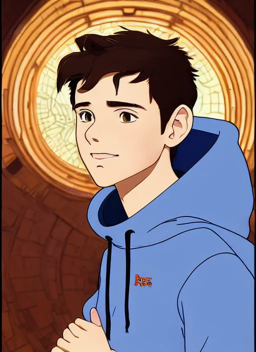 Image similar to teen boy with brown hair and big blue eyes, wearing a hoodie, natural lighting, path traced, highly detailed, high quality, cartoon, digital painting, by don bluth and ross tran and studio ghibli and alphonse mucha