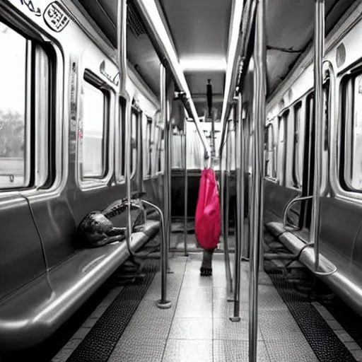 Image similar to A photograph of the inside of a subway train. There are frogs sitting on the seats. One of them is reading a newspaper. The window shows the river in the background.