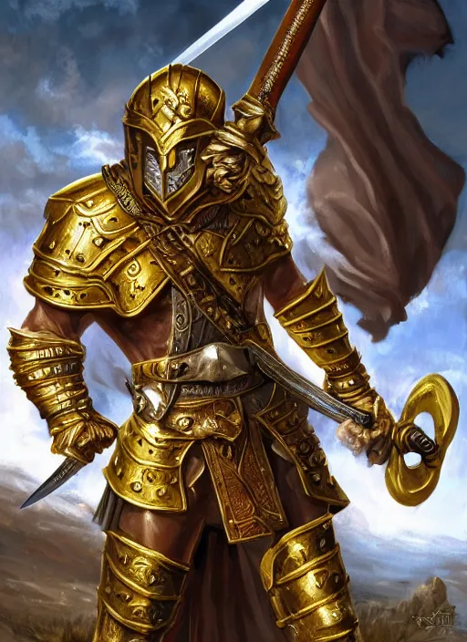 Image similar to strong gladiator holding legendary sword, fantasy, man, gilded shiny armour, intricate, highly detailed, digital painting, artstation, concept art, wallpaper, smooth, sharp focus, illustration, illumination, raytracting, art by larry elmore, jeff easley, clyde waldwell, keith parkinson, daniel r horne