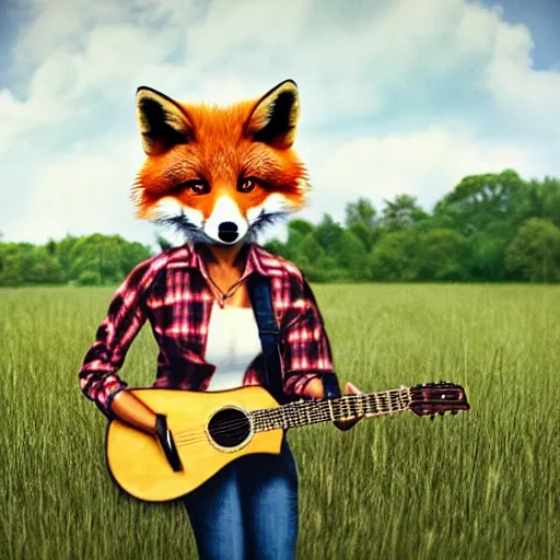 Image similar to a female fluffy anthropomorphic fox animal, head of fox, wearing cowboy hat, wearing plaid shirt, playing guitar, in a field, barn in background, album cover style